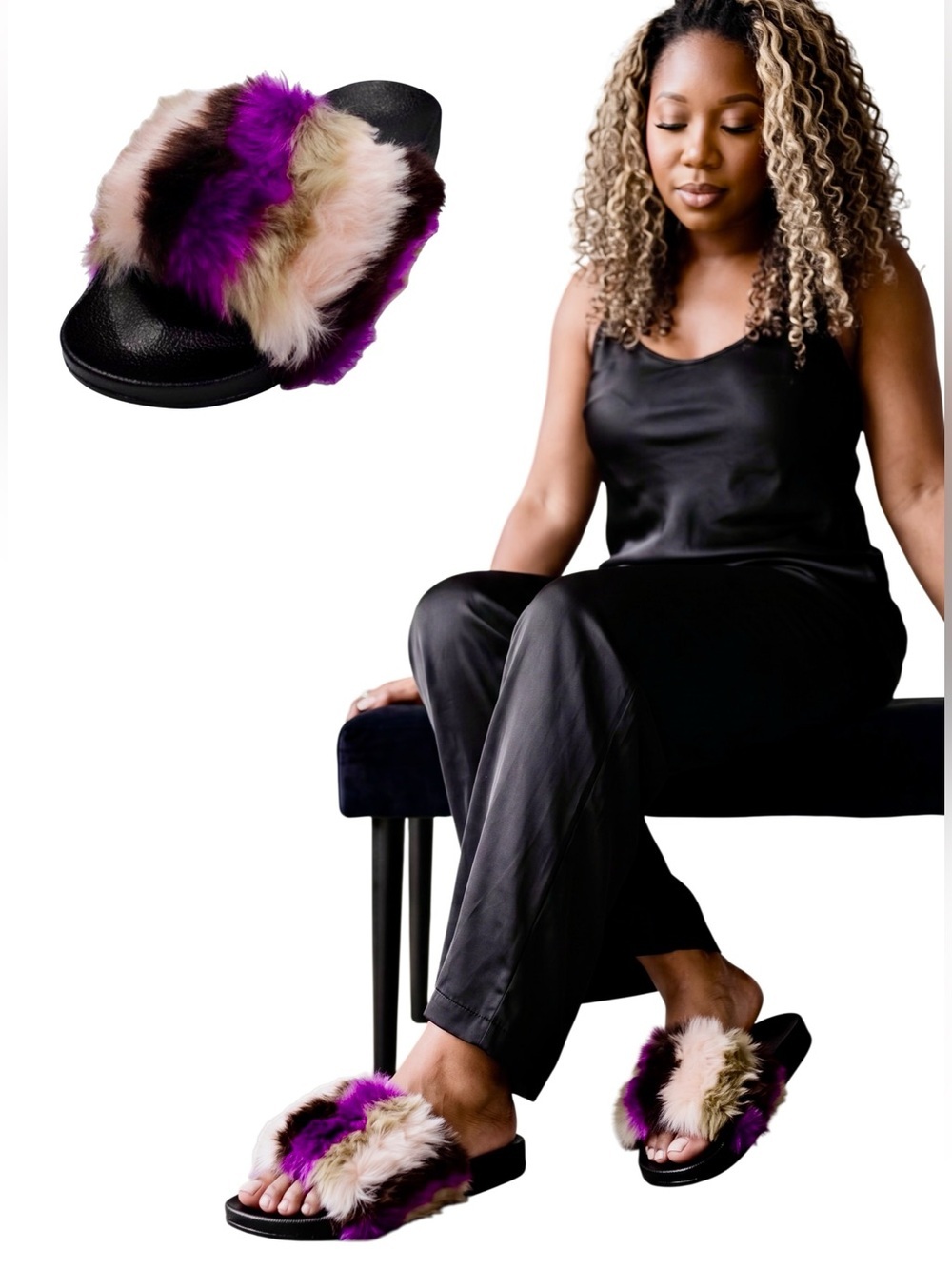 H2K Faux Fur Slide Sandals - Multicolor/Purple/Pink/Cream/Brown